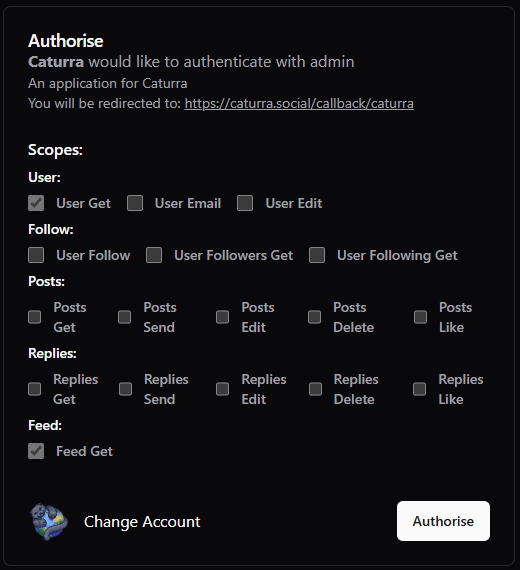 Authorisation page with default scopes
